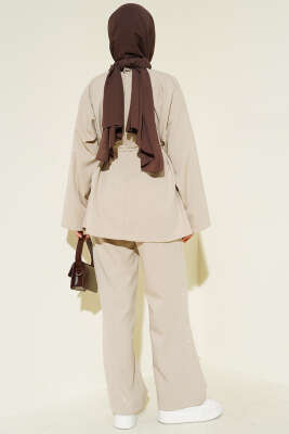 Kuşaklı Mini Taşlı İkili Takım Bej - İkili Takım