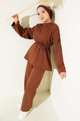 Kuşaklı Mini Taşlı İkili Takım Kahve - TABLO FASHİON