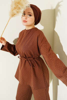 Kuşaklı Mini Taşlı İkili Takım Kahve - İkili Takım