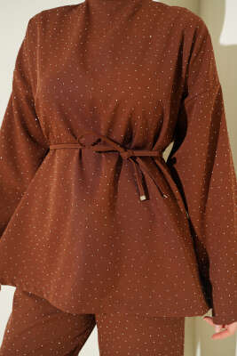 Kuşaklı Mini Taşlı İkili Takım Kahve - İkili Takım