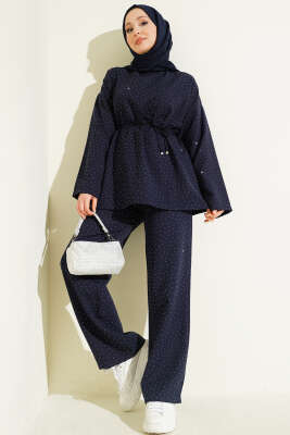 Kuşaklı Mini Taşlı İkili Takım Lacivert - TABLO FASHİON