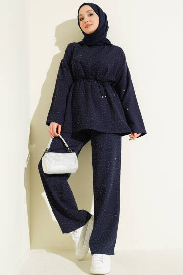 Kuşaklı Mini Taşlı İkili Takım Lacivert - İkili Takım