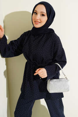 Kuşaklı Mini Taşlı İkili Takım Lacivert - İkili Takım