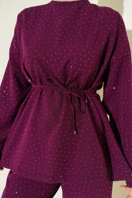 Kuşaklı Mini Taşlı İkili Takım Mor - İkili Takım