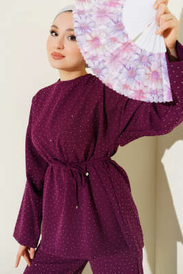 Kuşaklı Mini Taşlı İkili Takım Mor - TABLO FASHİON