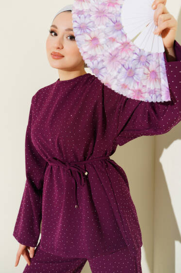 Kuşaklı Mini Taşlı İkili Takım Mor - İkili Takım