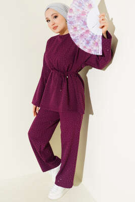 Kuşaklı Mini Taşlı İkili Takım Mor - İkili Takım