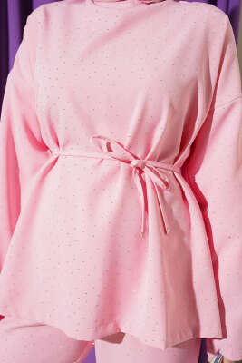 Kuşaklı Mini Taşlı İkili Takım Pembe - İkili Takım