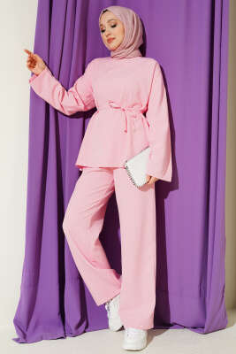 Kuşaklı Mini Taşlı İkili Takım Pembe - TABLO FASHİON