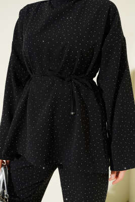 Kuşaklı Mini Taşlı İkili Takım Siyah - İkili Takım