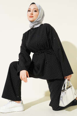 Kuşaklı Mini Taşlı İkili Takım Siyah - TABLO FASHİON