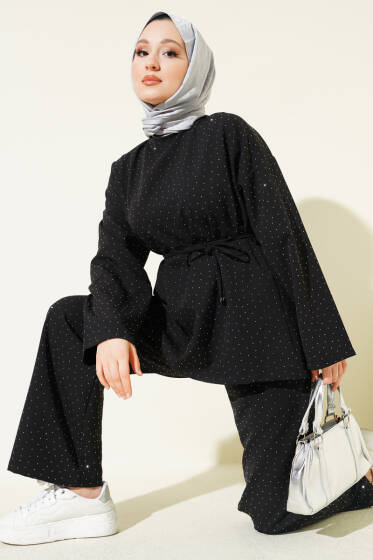 Kuşaklı Mini Taşlı İkili Takım Siyah - İkili Takım