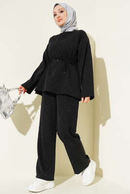 Kuşaklı Mini Taşlı İkili Takım Siyah - İkili Takım