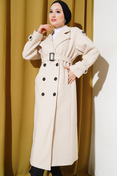 Kuşaklı Omuz Apoletli Uzun Kaşe Kaban Bej - Kaban