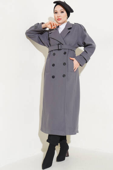 Kuşaklı Omuz Apoletli Uzun Kaşe Kaban Gri - Kaban