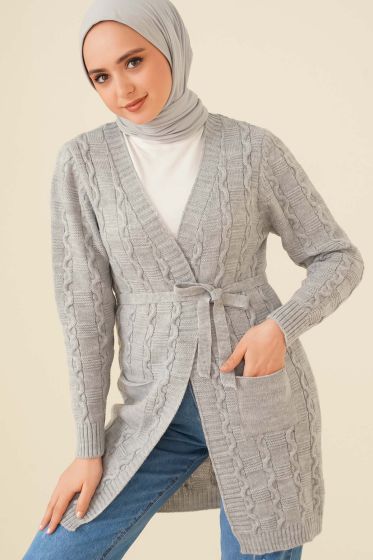 Kuşaklı Örgü Hırka Gri - Hırka