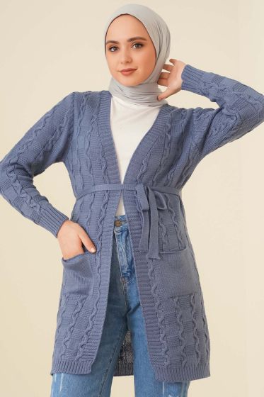 Kuşaklı Örgü Hırka İndigo - Hırka