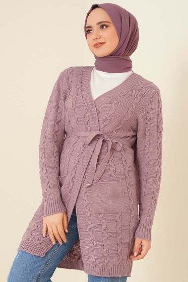 Kuşaklı Örgü Hırka Lila - Hırka