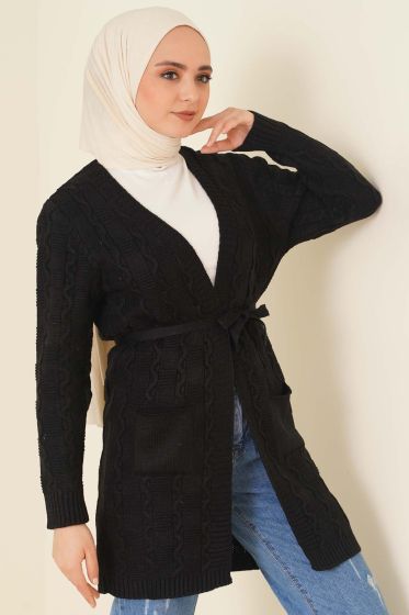 Kuşaklı Örgü Hırka Siyah - Hırka