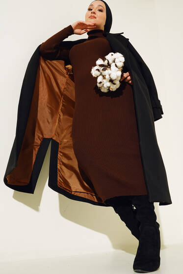 Kuşaklı Oversize Kaşe Kaban Siyah - Kaban