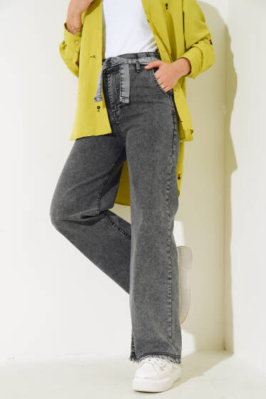 Kuşaklı Paça Püsküllü Kot Pantolon Füme - Pantolon