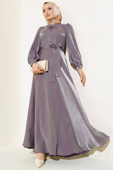 Kuşaklı Parlak Saten Elbise Lila - Tesettür Elbise