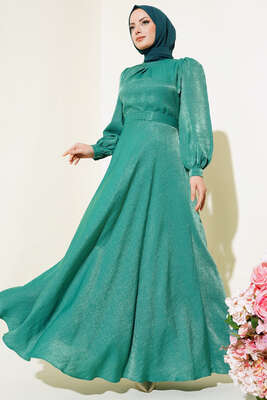 Kuşaklı Parlak Saten Elbise Zümrüt Yeşili - Thumbnail