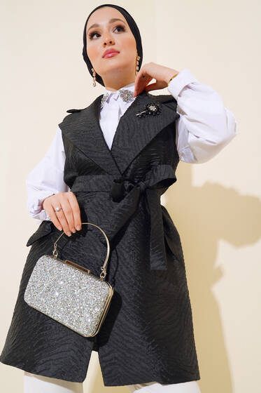 Kuşaklı Parlak Yelek Siyah - Yelek