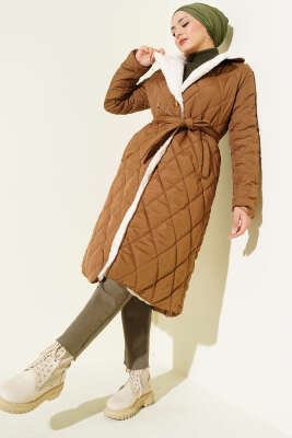 Kuşaklı Peluş Detaylı Kapitone Mont Taba - TEGOE