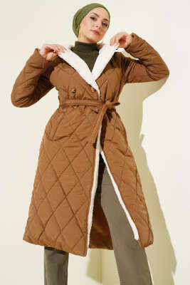 Kuşaklı Peluş Detaylı Kapitone Mont Taba - Mont