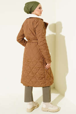 Kuşaklı Peluş Detaylı Kapitone Mont Taba - Mont