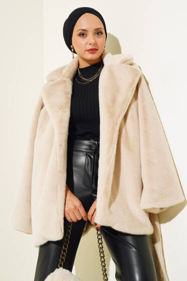 Kuşaklı Peluş Kaban Bej - Kaban