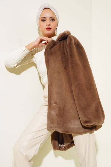 Kuşaklı Peluş Kaban Kahve - Kaban