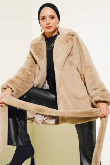 Kuşaklı Peluş Kaban Latte - Kaban