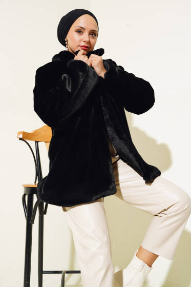 Kuşaklı Peluş Kaban Siyah - Kaban