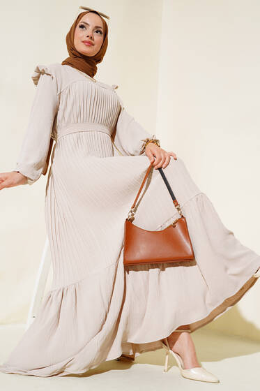 Kuşaklı Piliseli Prenses Elbise Krem - Elbise