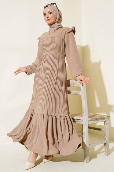Kuşaklı Piliseli Prenses Elbise Sütlü Kahve - Elbise