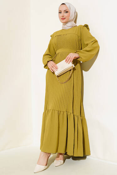 Kuşaklı Piliseli Prenses Elbise Yağ Yeşili - Elbise