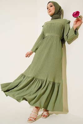 Kuşaklı Pliseli Prenses Elbise Çağla Yeşili 