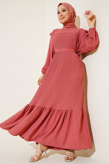 Kuşaklı Pliseli Prenses Elbise Gül Kurusu - Elbise