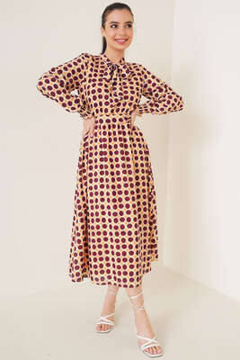Kuşaklı Puantiye Desenli Şifon Elbise Hardal - Thumbnail