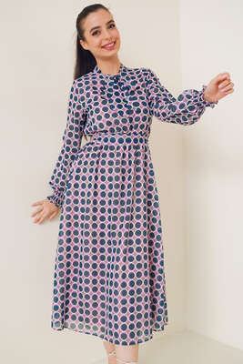 Kuşaklı Puantiye Desenli Şifon Elbise Pudra - Thumbnail