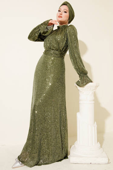Kuşaklı Pul Payet Detaylı Abiye Elbise Haki - Elbise