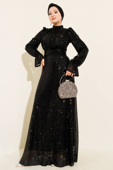 Kuşaklı Pul Payet Detaylı Abiye Elbise Siyah - Elbise