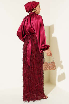 Kuşaklı Pul Payetli Abiye Elbise Bordo - Tesettür Elbise