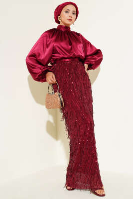 Kuşaklı Pul Payetli Abiye Elbise Bordo - Tesettür Elbise