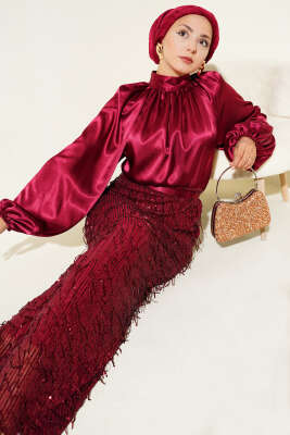 Kuşaklı Pul Payetli Abiye Elbise Bordo - CNR TEKSTİL