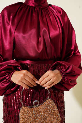 Kuşaklı Pul Payetli Abiye Elbise Bordo - Tesettür Elbise