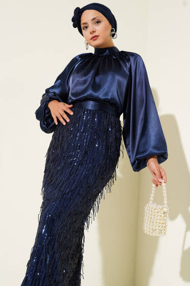 Kuşaklı Pul Payetli Abiye Elbise Lacivert - Elbise