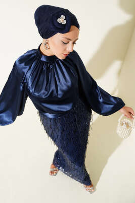 Kuşaklı Pul Payetli Abiye Elbise Lacivert - Tesettür Elbise